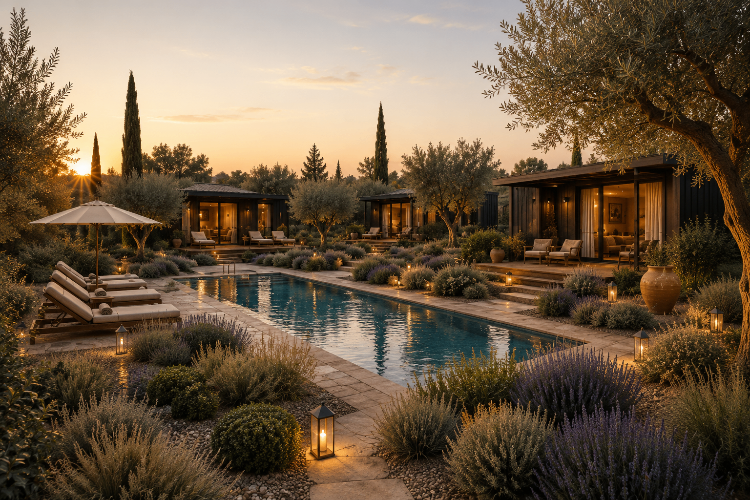 Costa Solara Resort — Mediterranean holiday homes and pool at golden hour